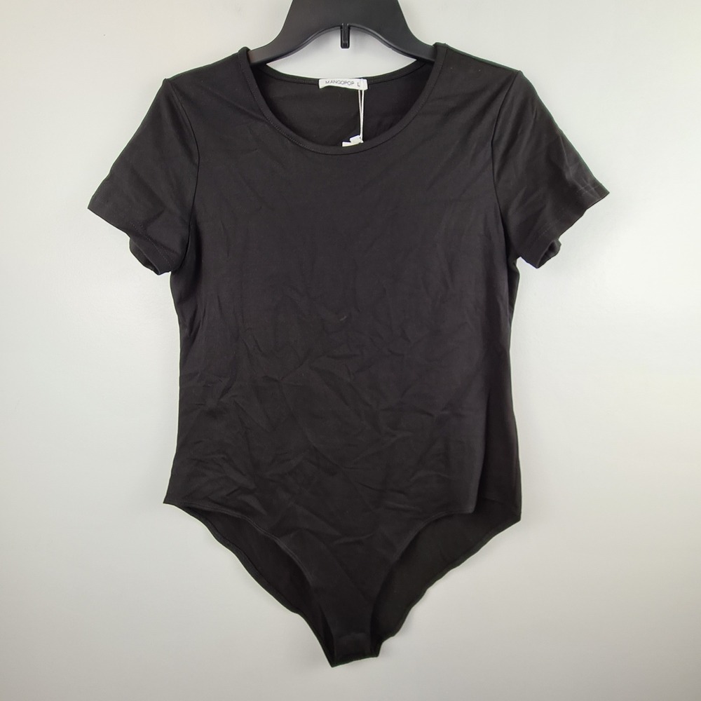 Mangopop Womens Black Short Sleeve Round Neck Snap Bottom Bodysuit Large NWT